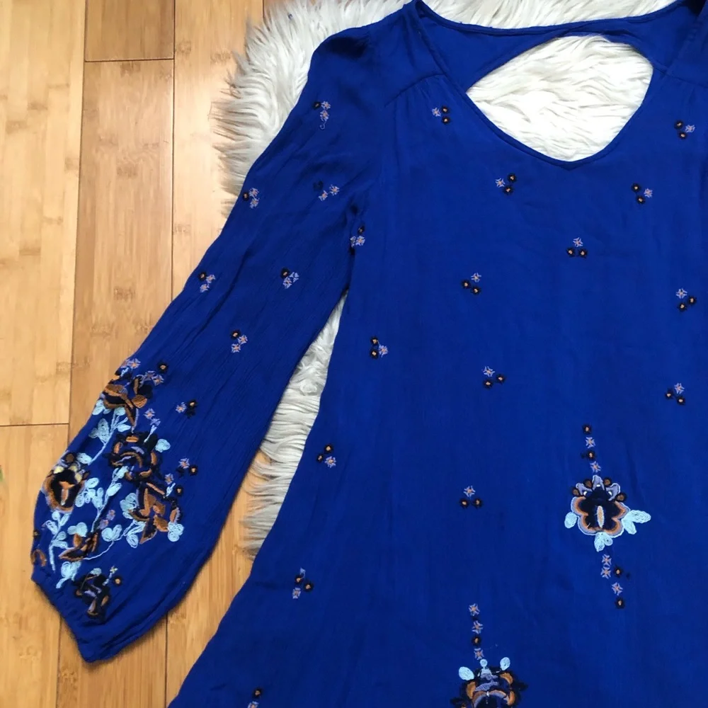 Free People Oxford Babydoll Embroidered Bell Sleeves Cobalt Blue Swing Dress M